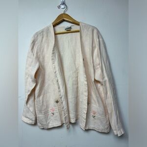 Hot Cotton vintage Linen bohoFloral Embroidery 4 button peach Long Sleeve Size L
